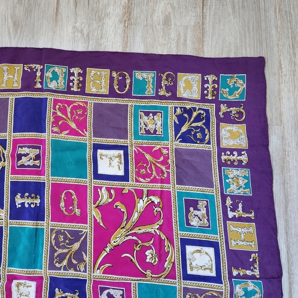 VTG Georgiou 100% Silk Scarf Purple Pink Blue Letters Squares 34x33 - Picture 7 of 12
